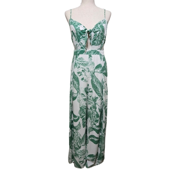 INA Tropical Print Jumpsuit Green Palm Leaf Tie Front Wide Leg Size Medium - Picture 2 of 16